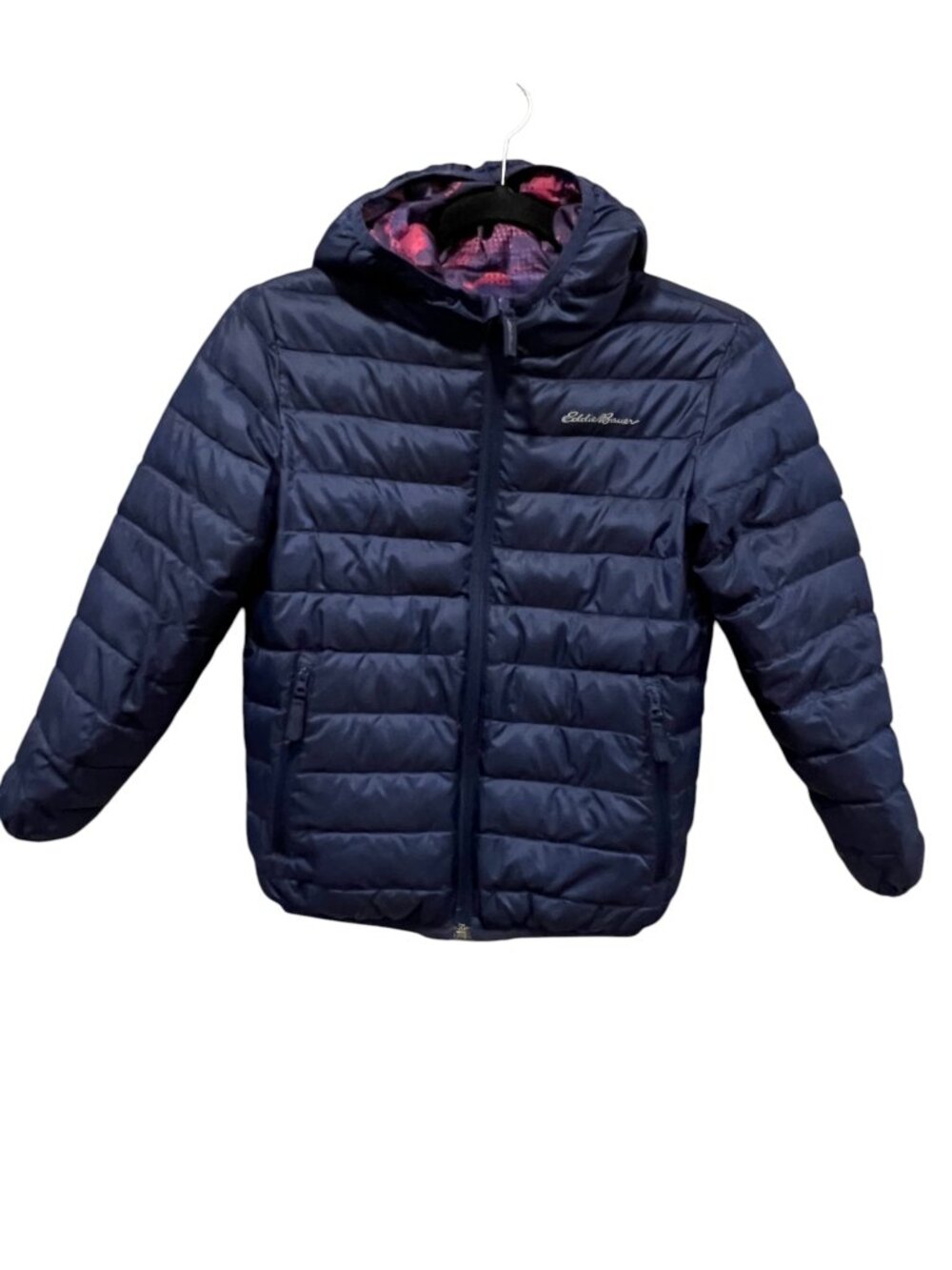 Eddie Bauer Kids Reversible CirrusLite Down Hooded Jacket, Navy Violet, S 7/8